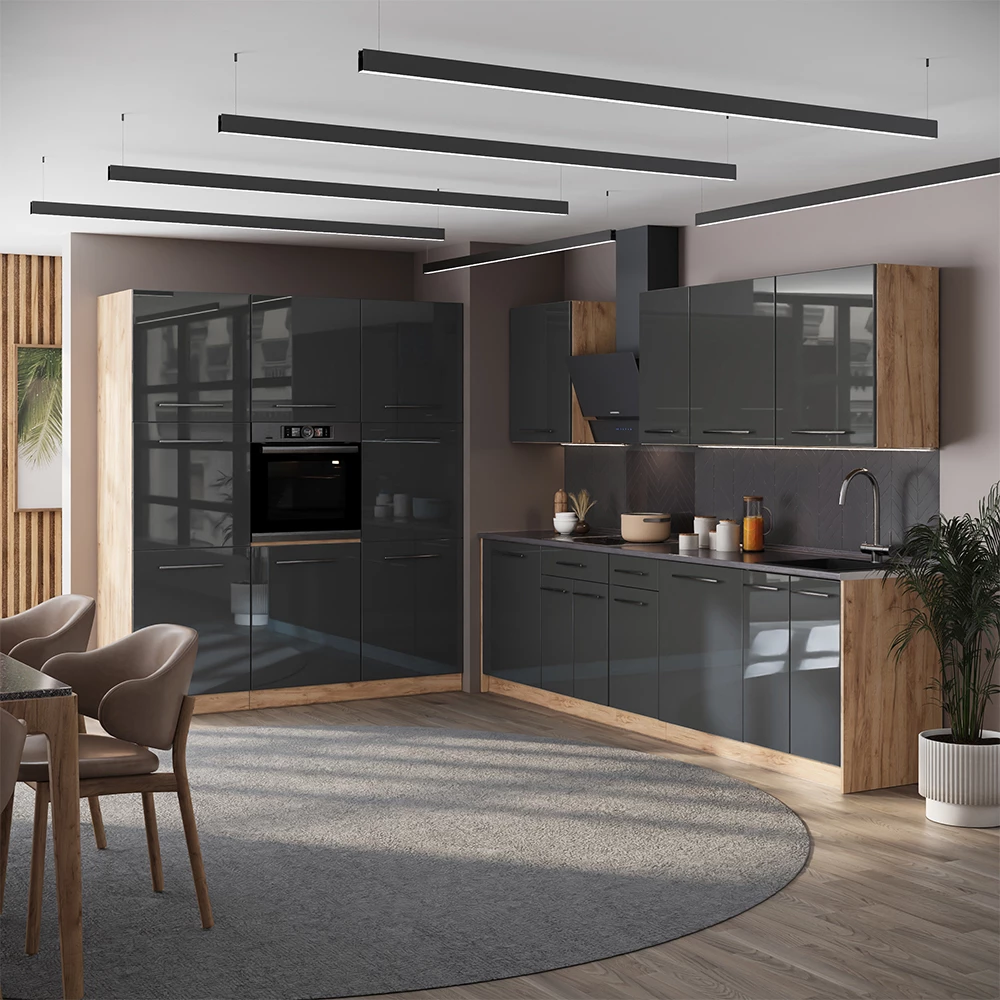 Cucina componibile Fame-Line Antracite lucido/Rovere dorato 460 cm piano di lavoro Rovere dorato Vicco