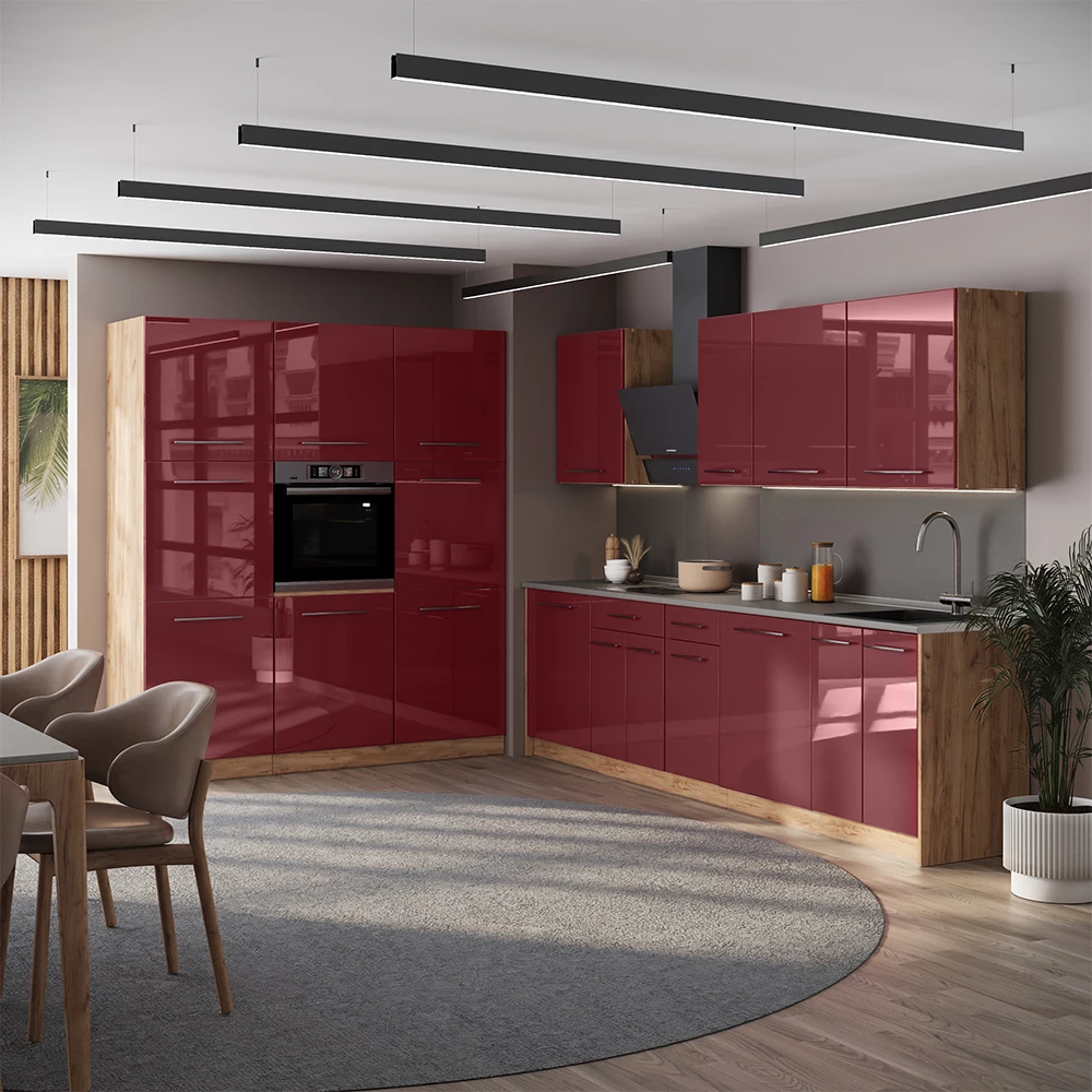 Cucina componibile Fame-Line Bordeaux lucido/Rovere dorato 460 cm senza piano di lavoro Vicco