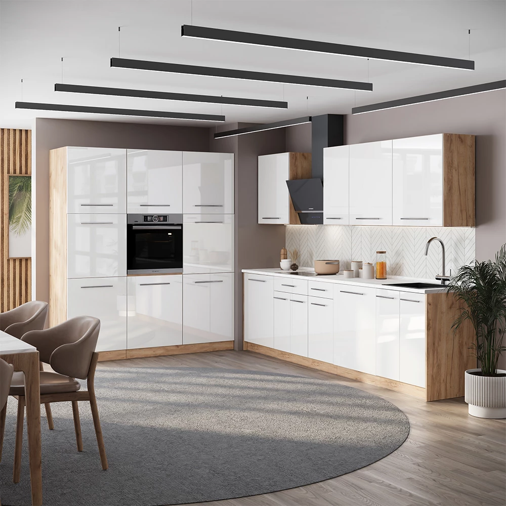 Cucina componibile Fame-Line Bianco lucido/Rovere dorato 460 cm piano di lavoro Rovere dorato Vicco