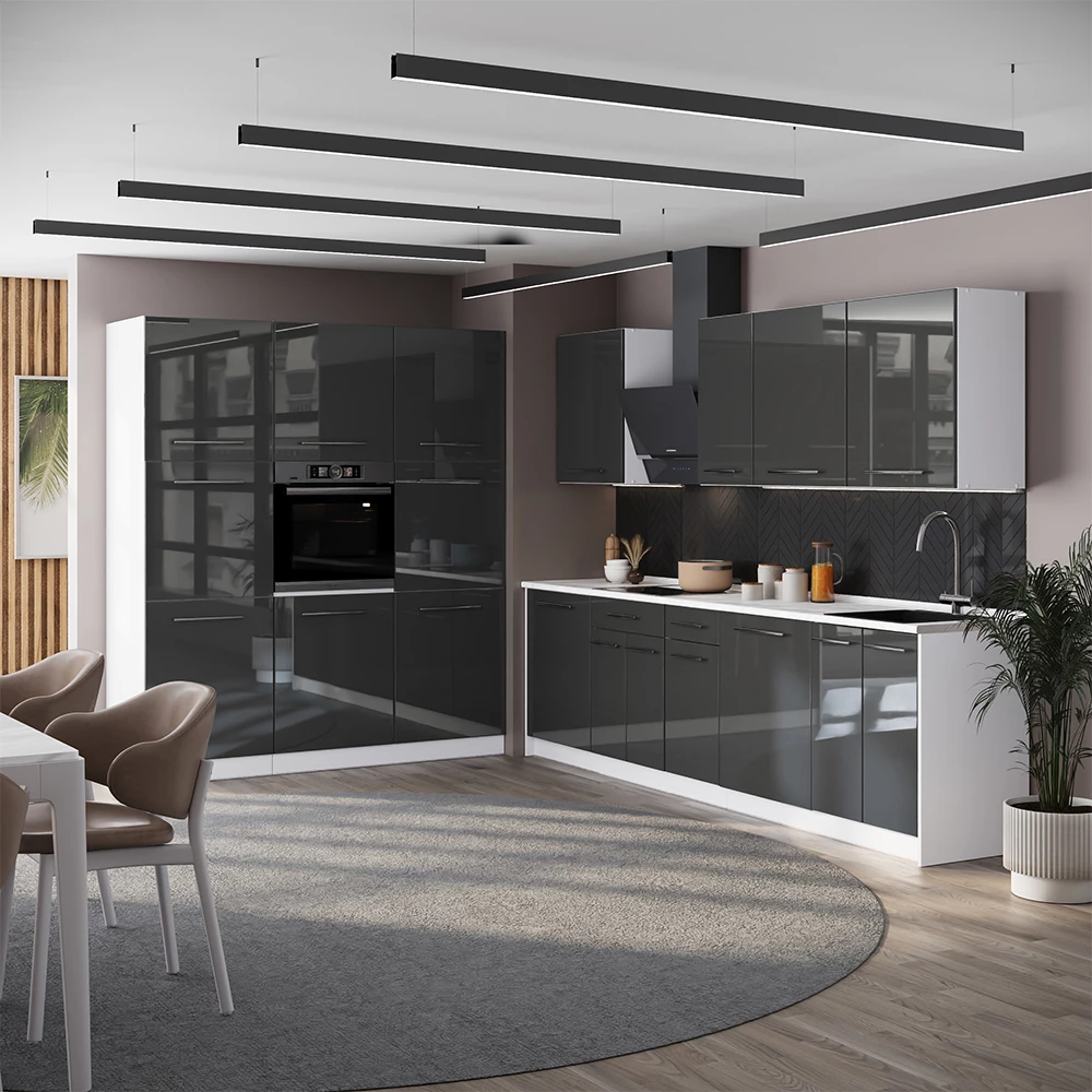Cucina componibile Fame-Line Antracite lucido/Bianco 460 cm senza piano di lavoro Vicco