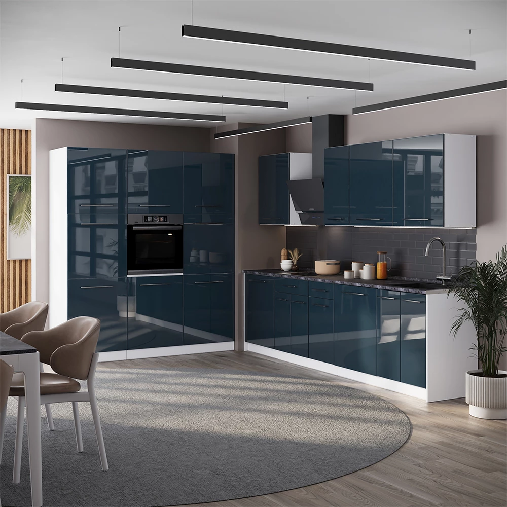 Cucina componibile Fame-Line Blu scuro lucido/Bianco 460 cm piano di lavoro Marmo Vicco
