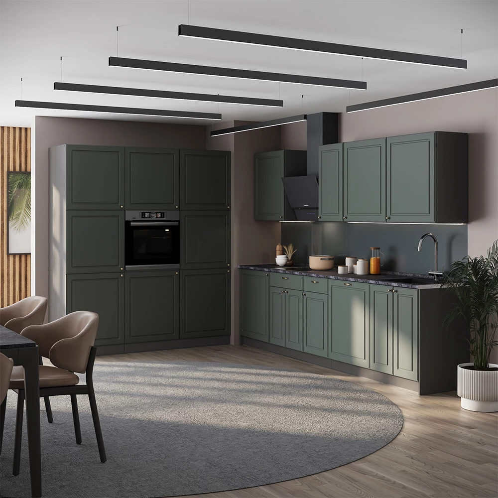 Cuisine Fame-Line Vert Or Campagne/Anthracite 460cm plan de travail Marbre Vicco