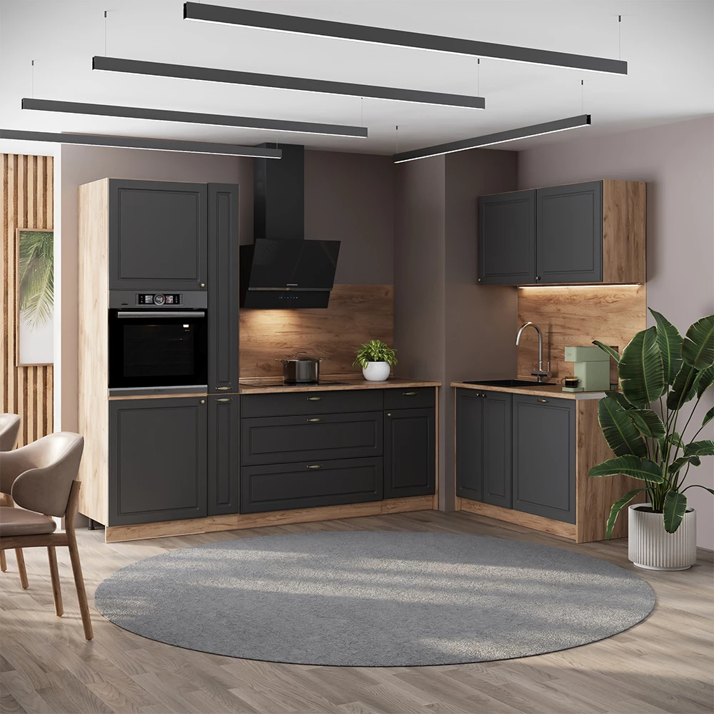 Küchenzeile Fame-Line Anthrazit-Gold Landhaus/Goldkraft Eiche 220 x 120 cm ohne Arbeitsplatte Vicco № 38376