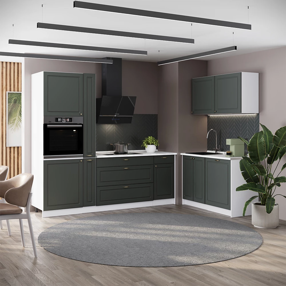 Cucina Fame-Line Verde-oro country/Bianco 220 x 120 cm senza piano di lavoro Vicco