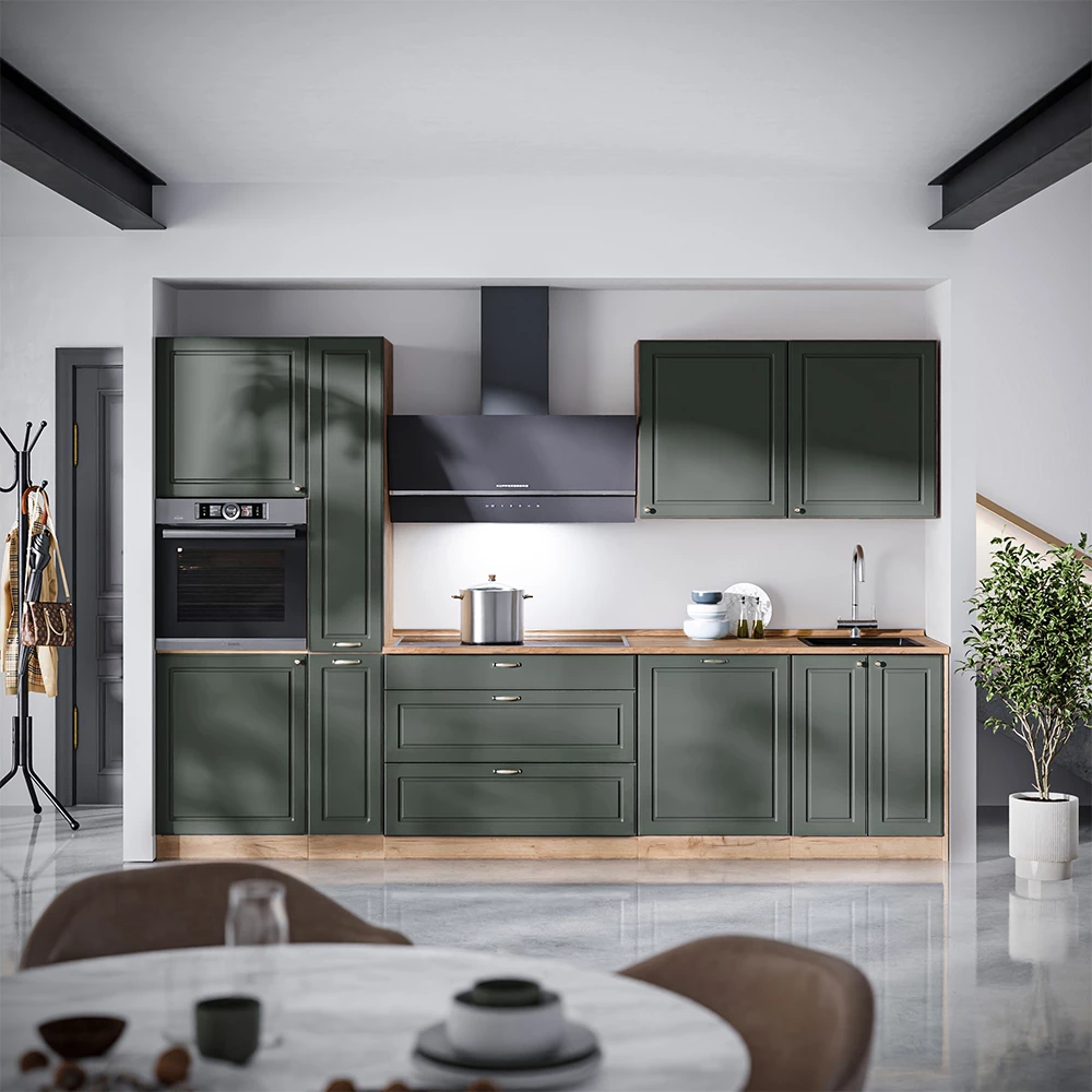 Cuisine Fame-Line Vert Or Campagne/Chêne de force doré 310cm, PT Marbre Vicco