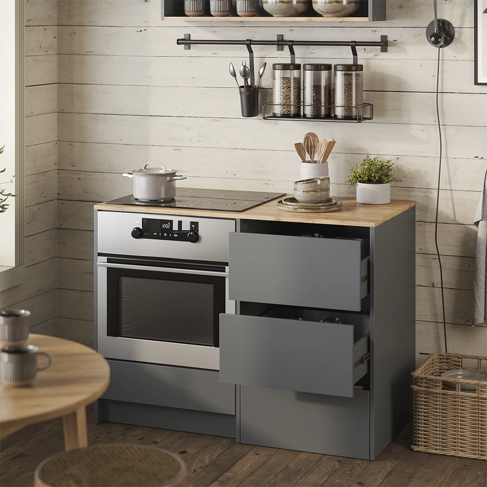 Mobile per forno Viktor Antracite/Rovere dorato 116.8 cm con 4 pratici cassetti Vicco