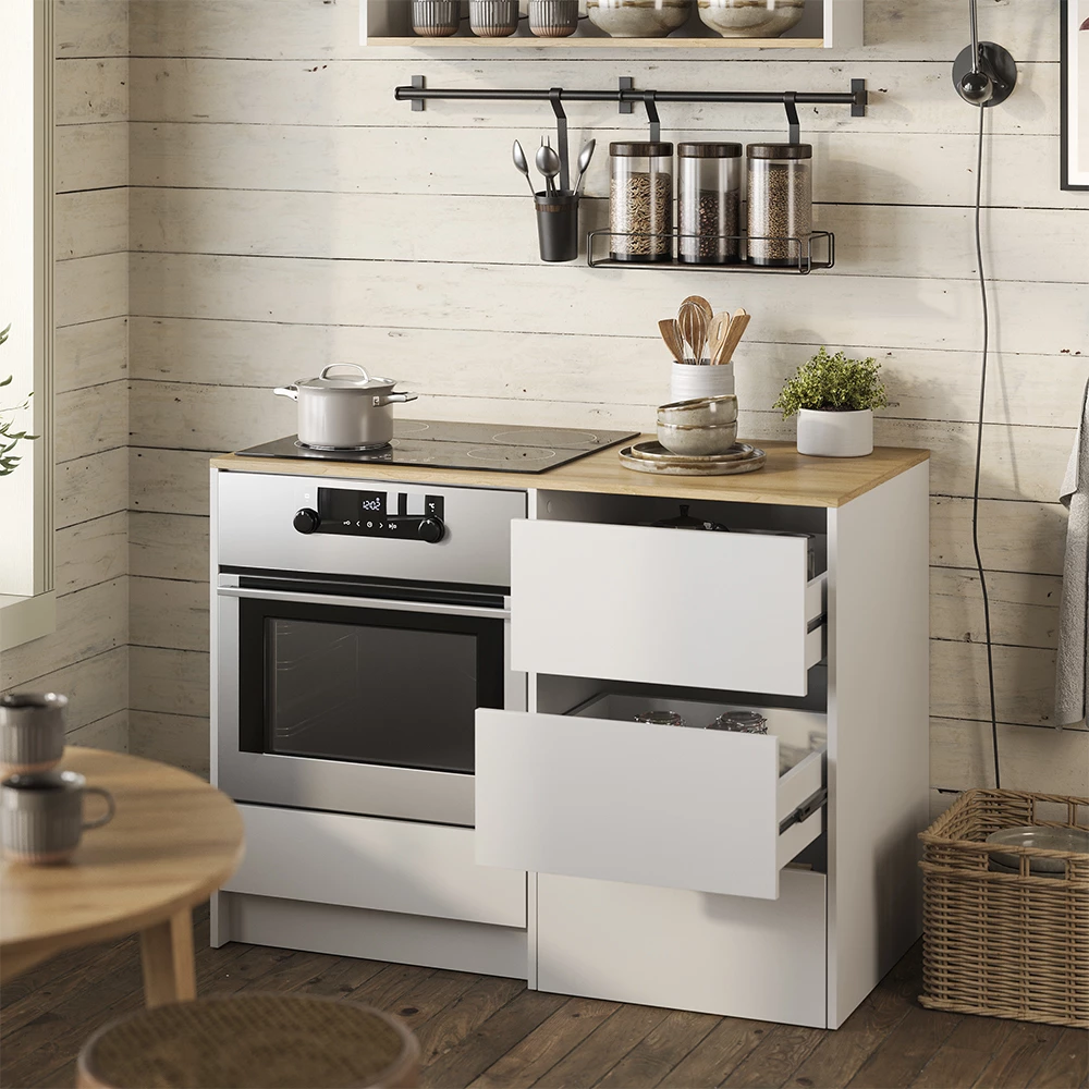 Mobile per forno Viktor Bianco/Rovere artigianale 116.8 cm con 4 pratici cassetti Vicco