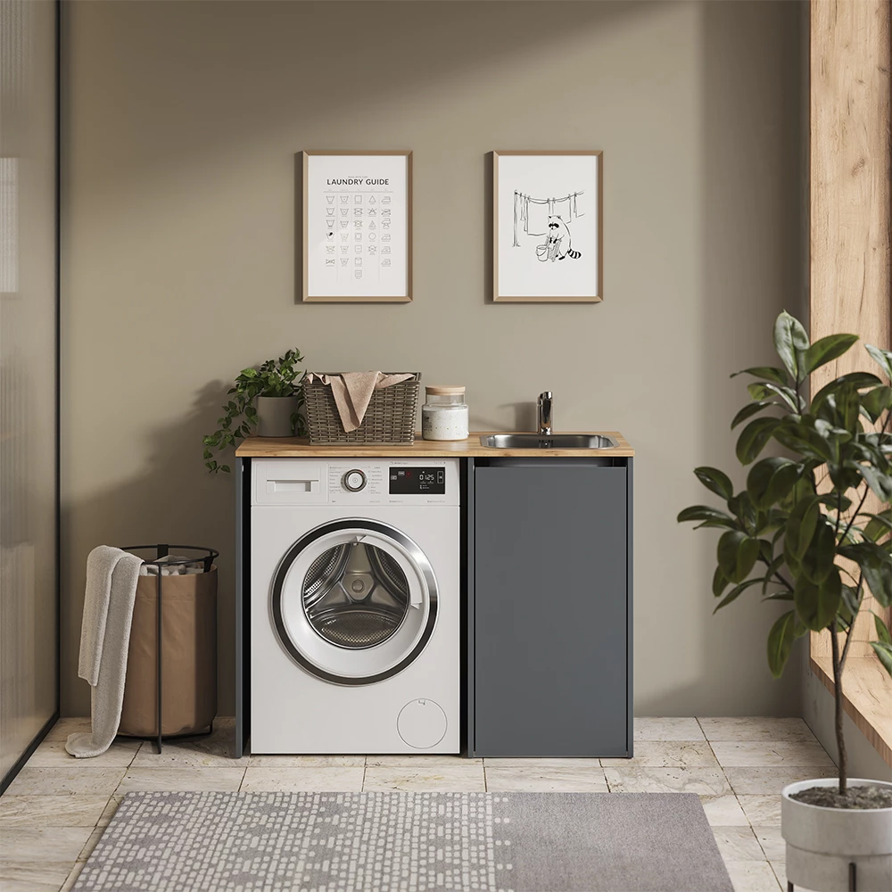Wasmachinekast Viktor Antraciet/Goudkleurig Eiken 113.6 x 88.2 cm met wastafel en kraan Vicco