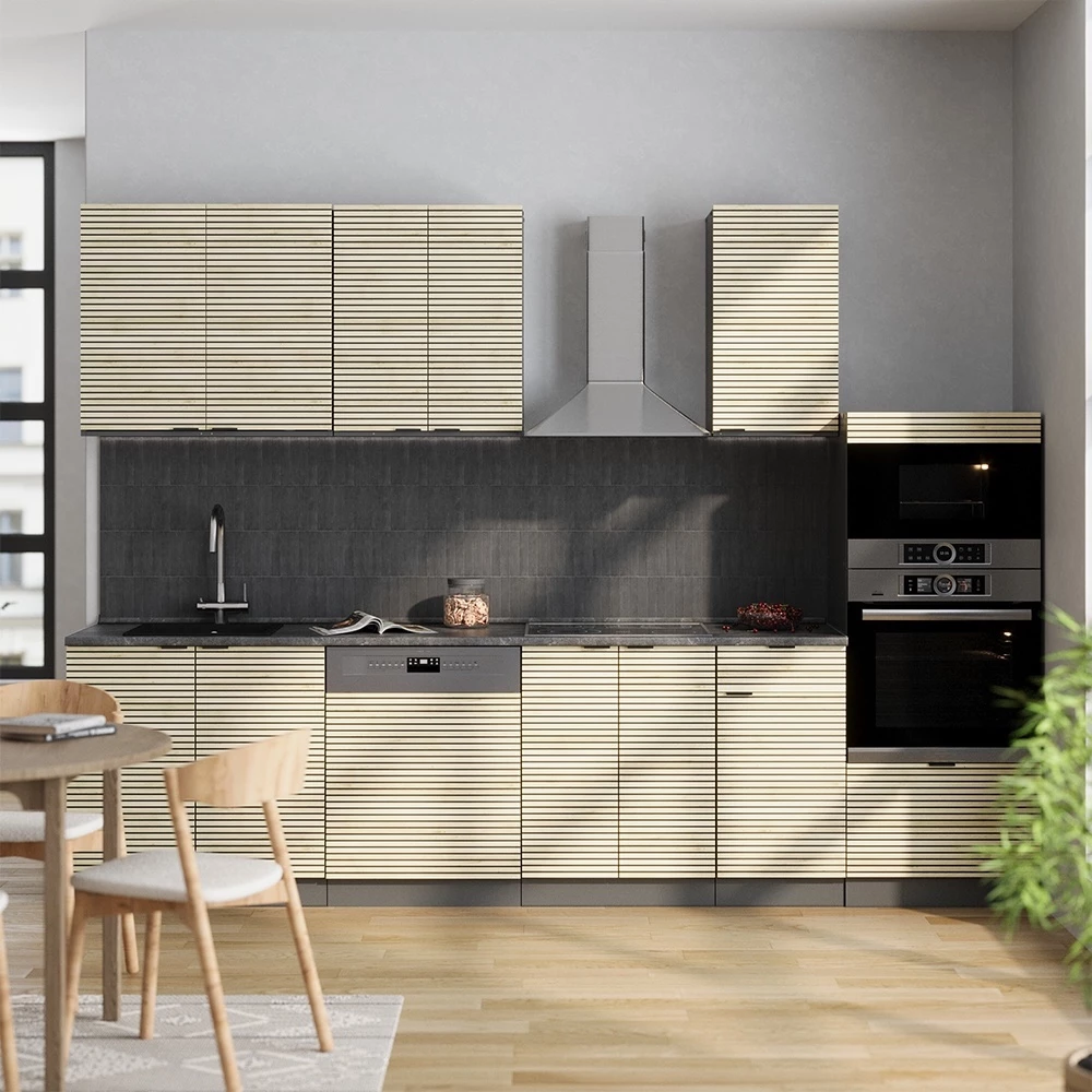 Cucina componibile in Pannello in rovere/antracite su sfondo bianco