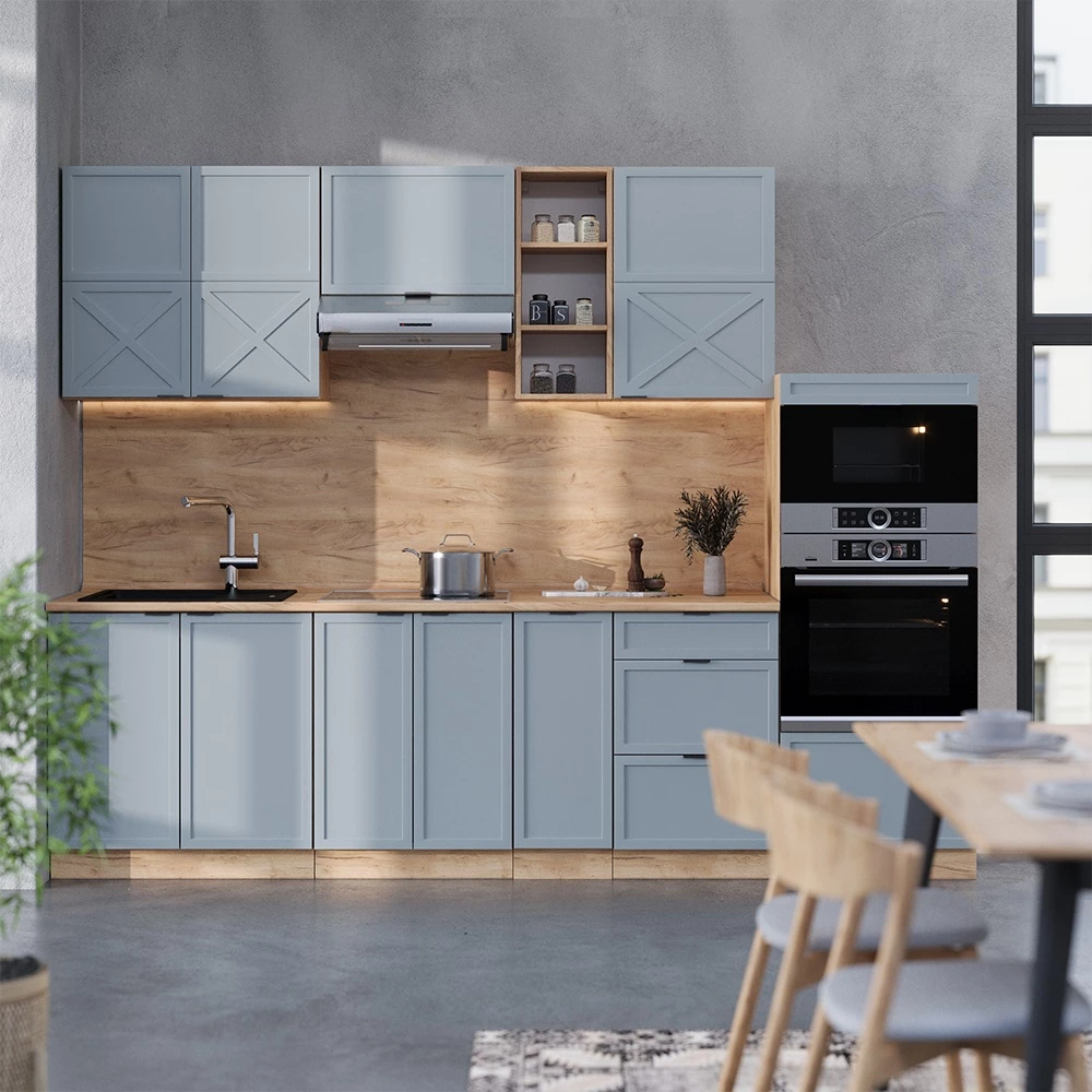 Cucina componibile in Rovere blu-grigio chiaro/oro su sfondo bianco