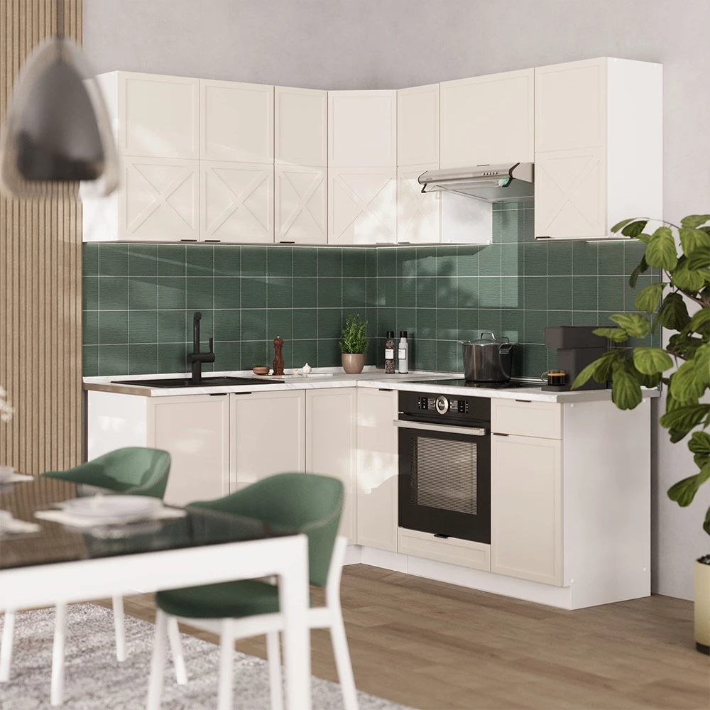 Cuisine d'angle en GrisBeige/Blanc sur fond blanc
