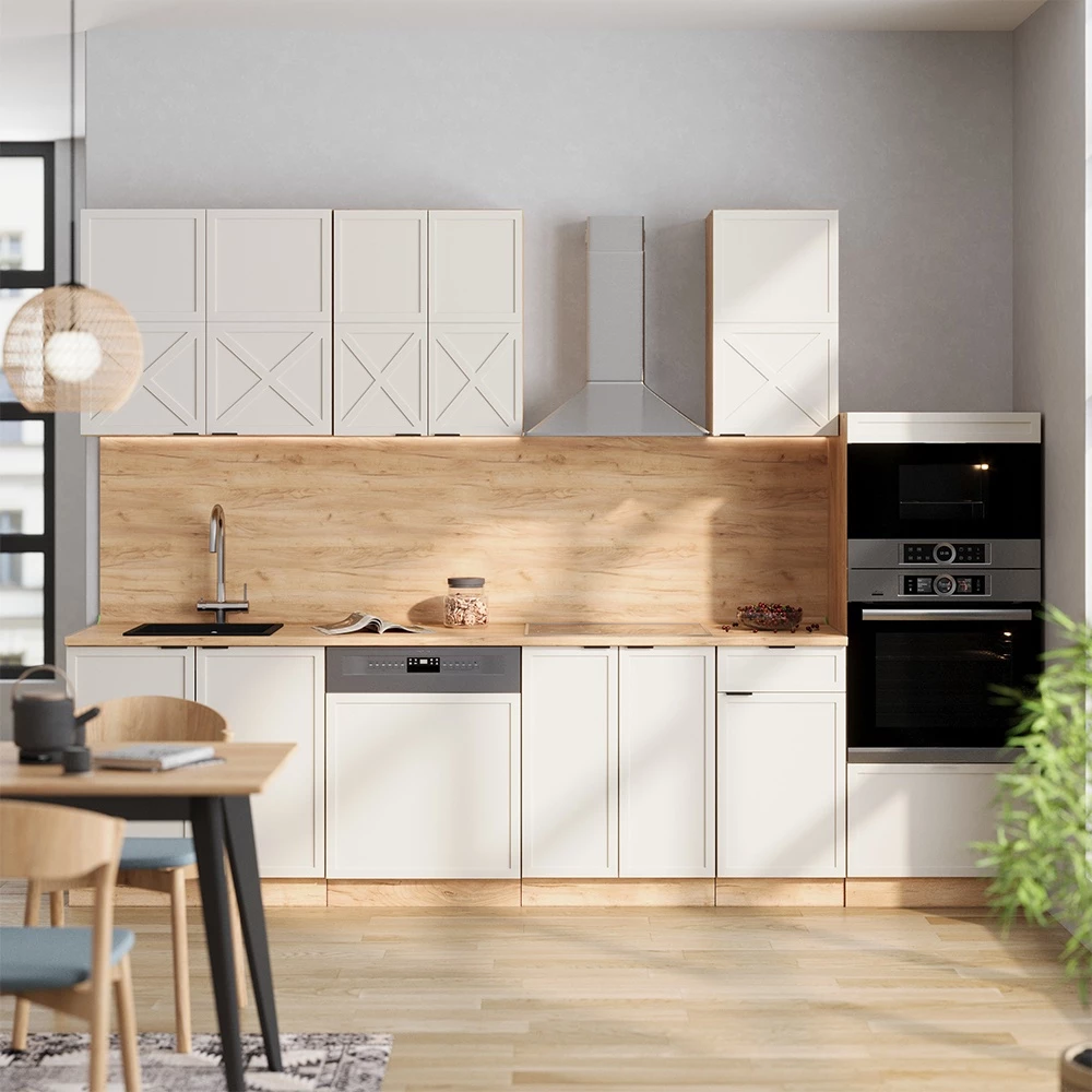 Keukenblok in Grijs/beige/gouden eik op een witte achtergrond