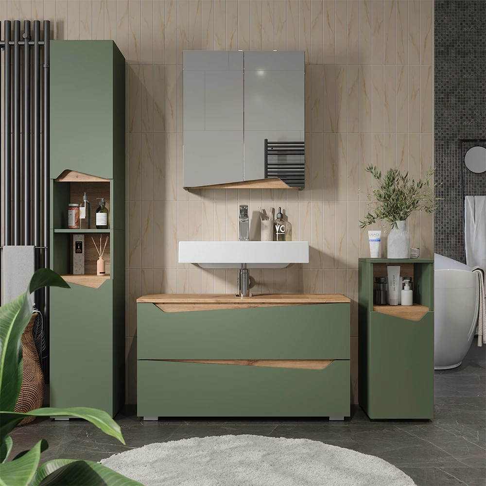 Wastafelonderkast Marelle Groen/Artisanaal eiken 100 x 57.5 cm met 2 lades Vicco