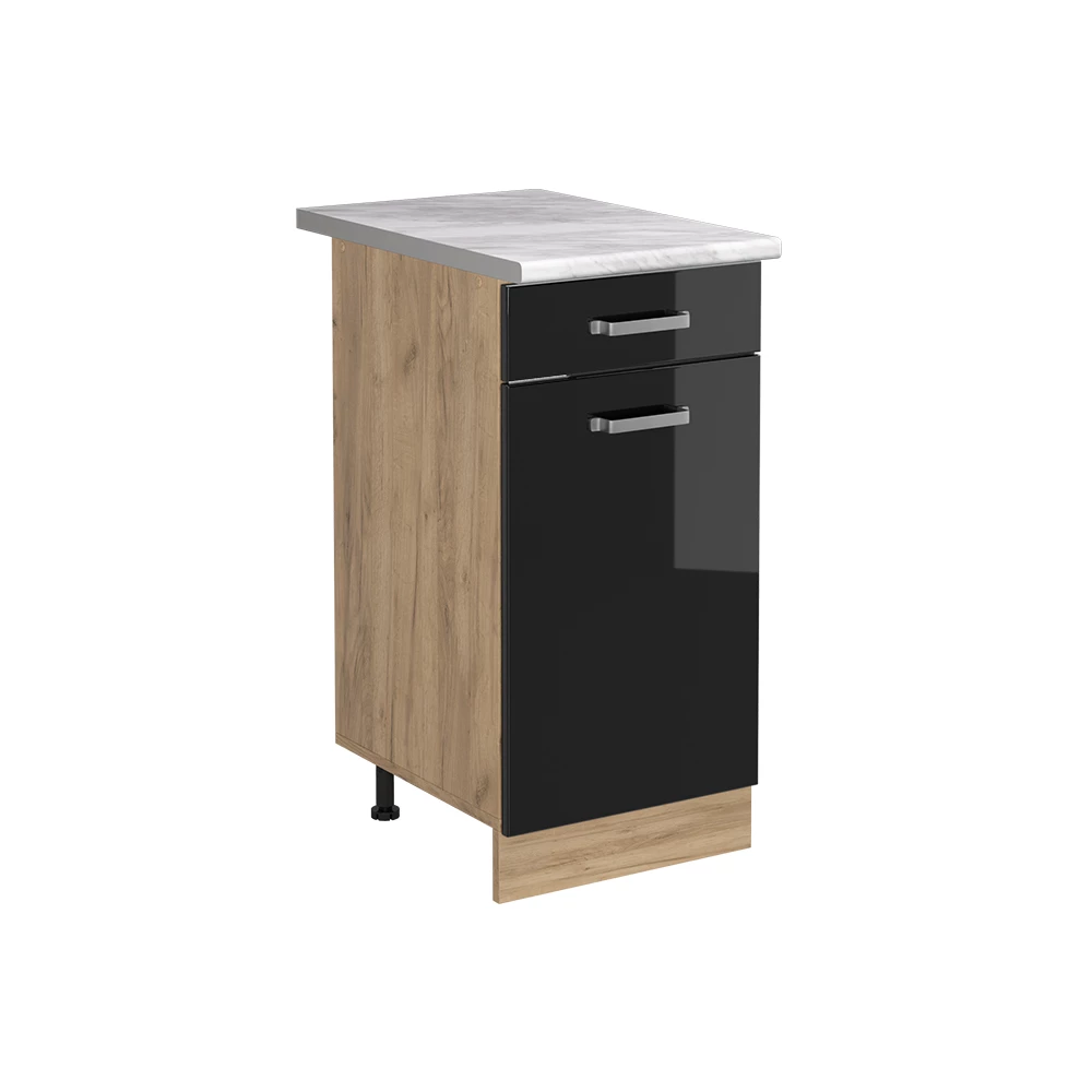 Küchenunterschrank R-Line Schwarz Hochglanz/Goldkraft Eiche 40 cm Arbeitsplatte Marmor Vicco | Schwarz Hochglanz/Goldkraft Eiche | Kochfeld- Unterschrank 40 cm
