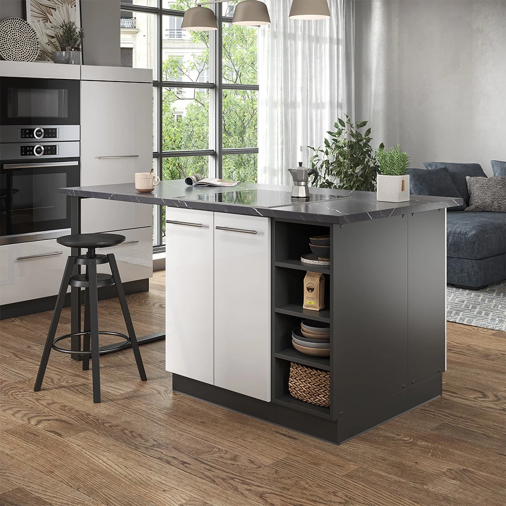 Îlot de cuisine en Blanc brillant/Anthracite sur fond blanc