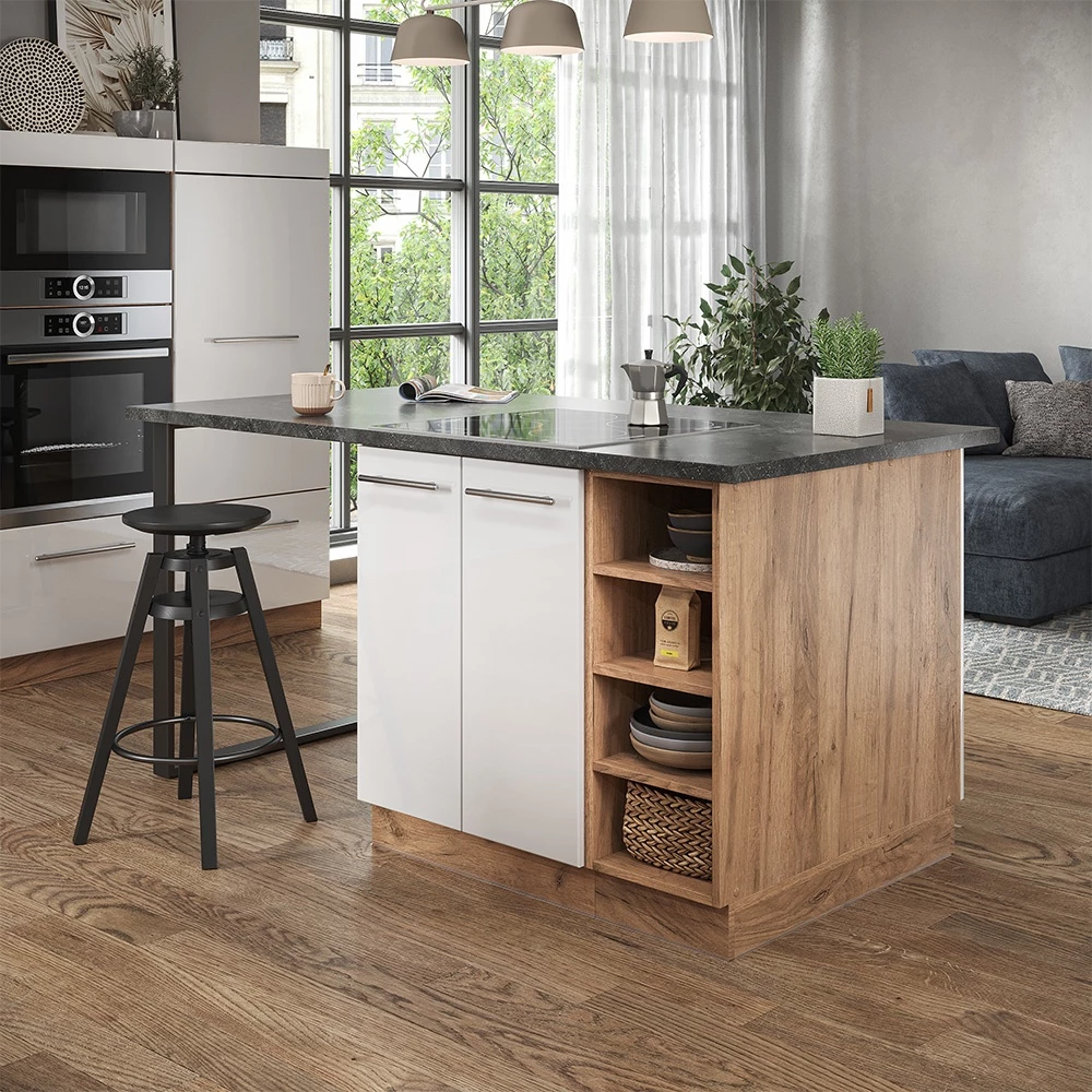 Keukeneiland in Wit hoogglans/goud power eiken op een witte achtergrond