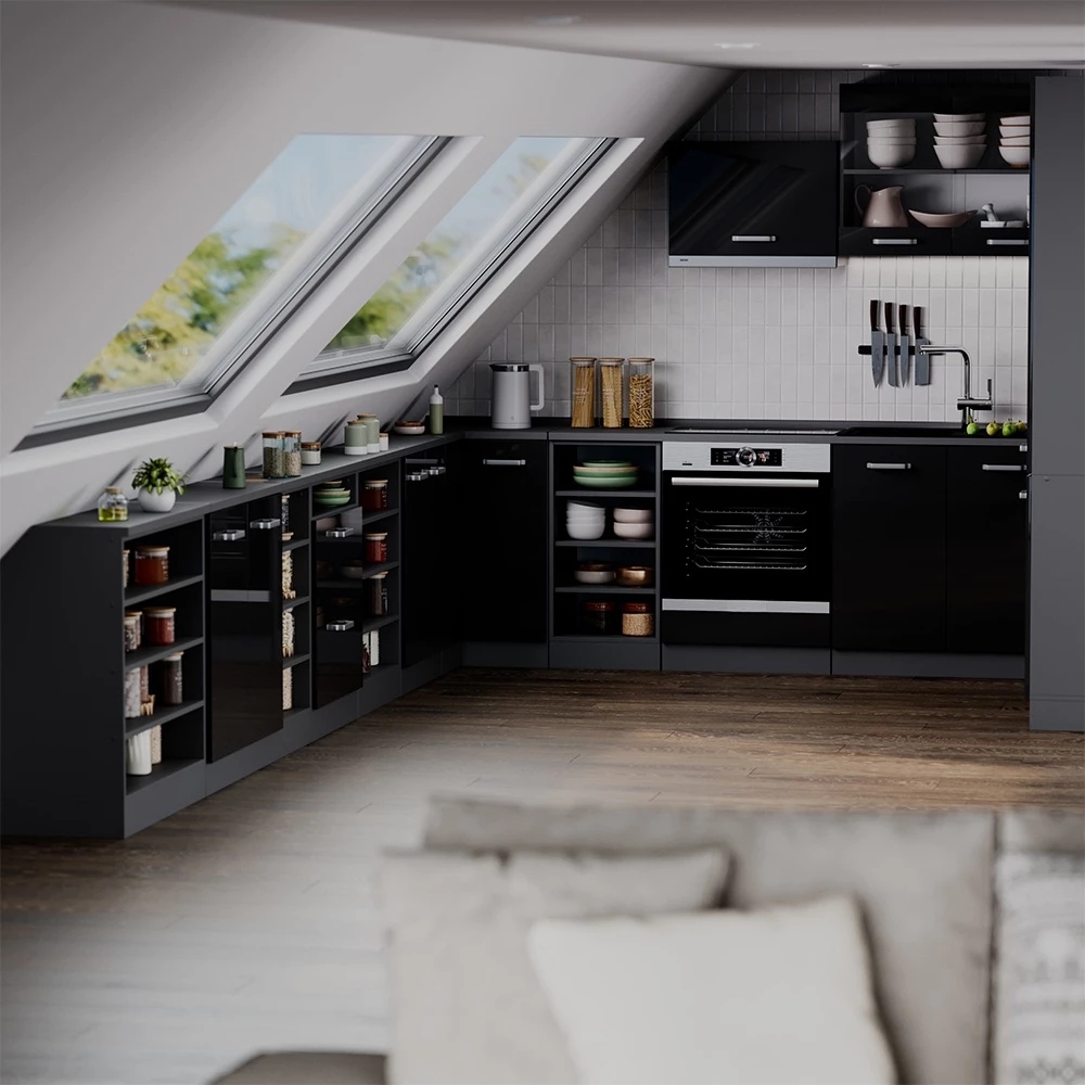 Meuble sous pente R-Line Noir Haute brillance 60cm 2 tiroirs, 60 cm de profondeur Vicco