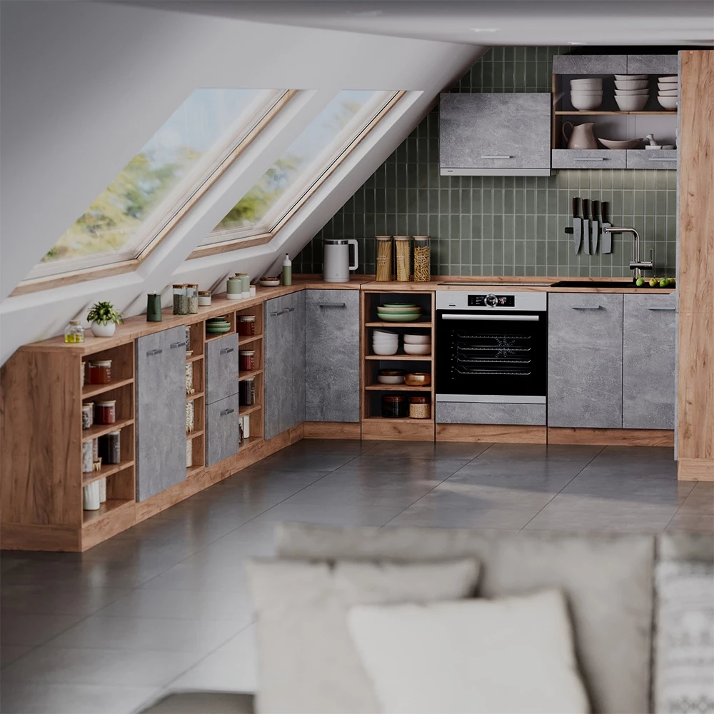 Küchenschrank für Dachschrägen R-Line Beton 80 cm mit 2 Türen, Schrankkorpus 60 cm Tiefe Vicco