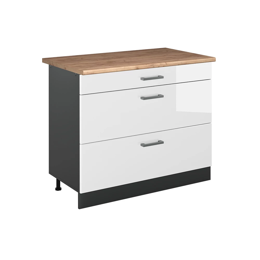 Küchenunterschrank R-Line Weiß Hochglanz/Anthrazit 100 cm Arbeitsplatte Goldkraft Eiche Vicco