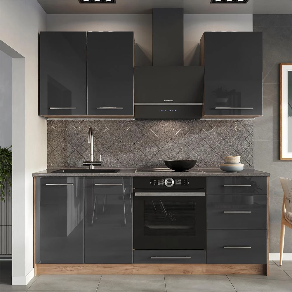 Cuisine Fame-Line Anthracite Haute brillance/Chêne de force doré 190cm, PT Chêne Vicco