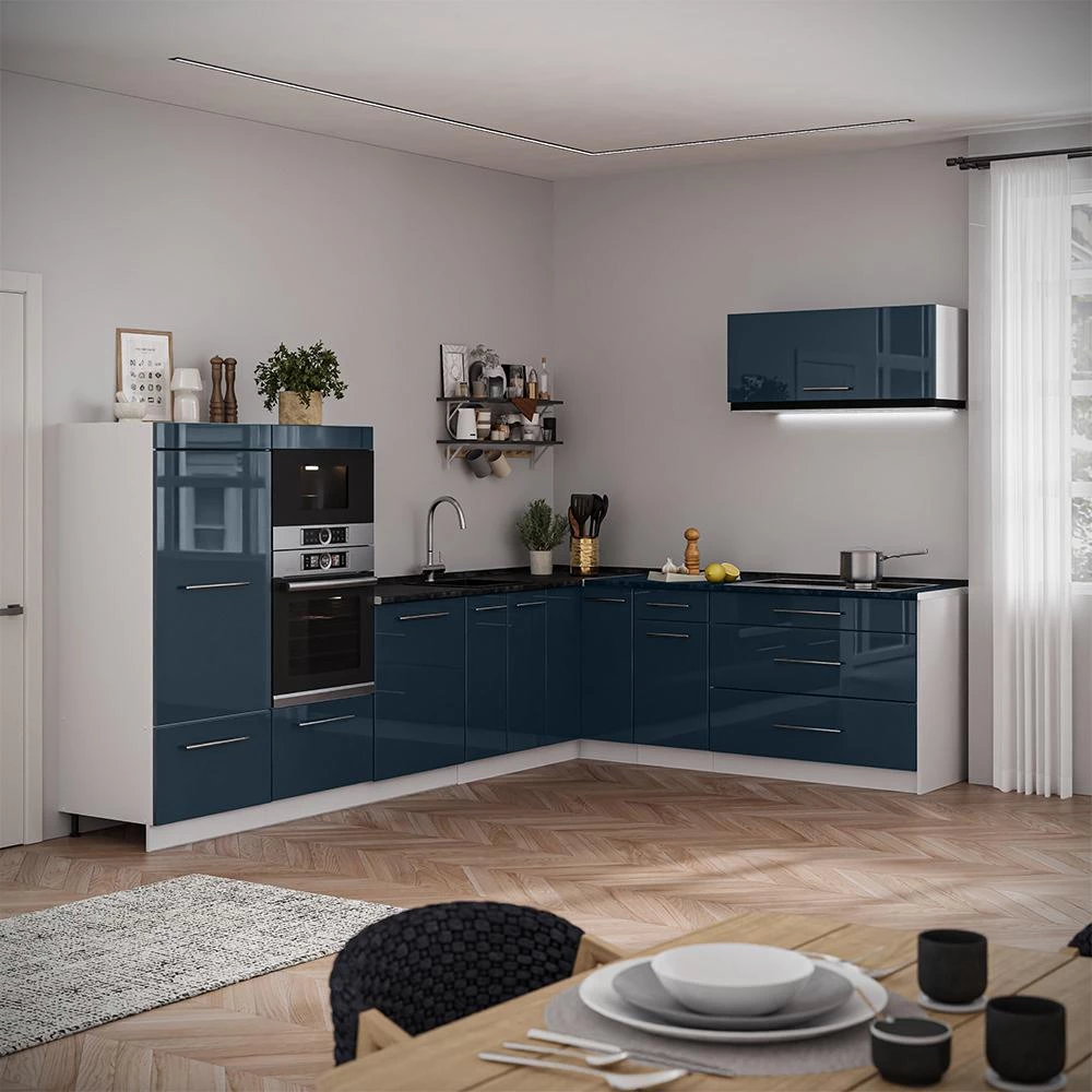 Cucina angolare completa Fame-Line Blu scuro lucido/Bianco 327 x 227 cm senza piano di lavoro Vicco