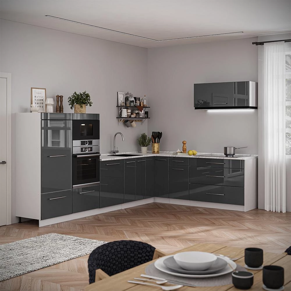 Cuisine en angle Fame-Line Anthracite Haute brillance/Blanc 327 x 227 cm, PT Anthracite Vicco