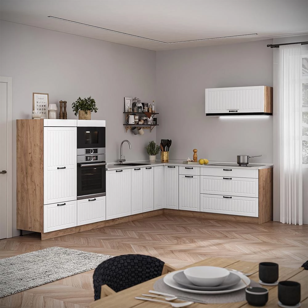 Cucina angolare completa Fame-Line Bianco country/Rovere dorato 327 x 227 cm piano di lavoro Rovere dorato Vicco