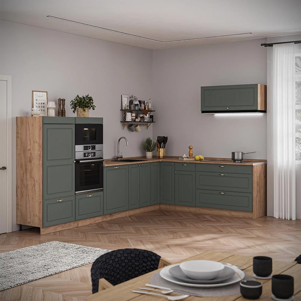 Cucina angolare completa Fame-Line Verde-oro country/Rovere dorato 327 x 227 cm senza piano di lavoro Vicco
