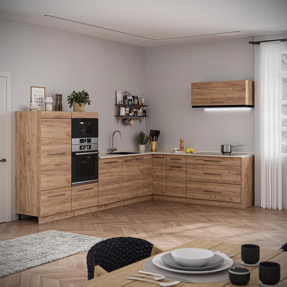 Cucina angolare completa Fame-Line Rovere dorato/Rovere dorato 327 x 227 cm piano di lavoro Marmo Vicco