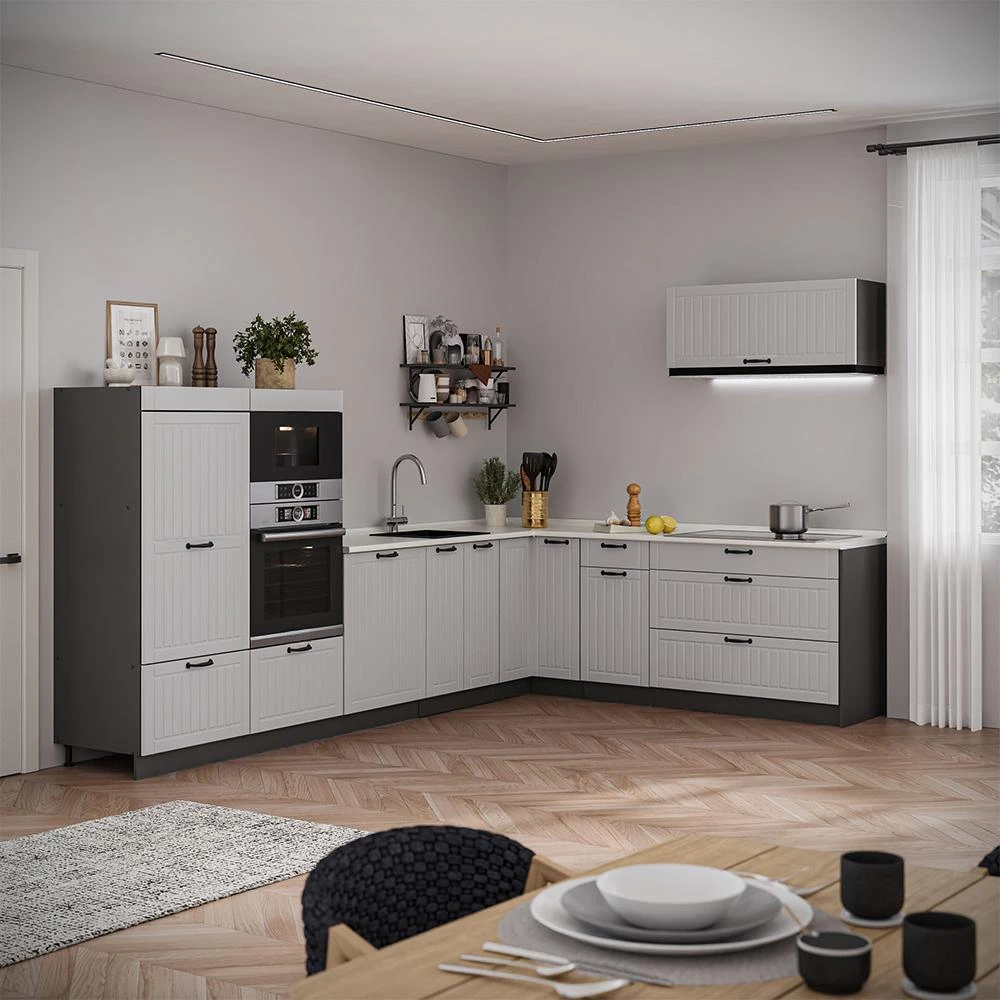 Cucina angolare completa Fame-Line Bianco country/Antracite 327 x 227 cm piano di lavoro Rovere dorato Vicco