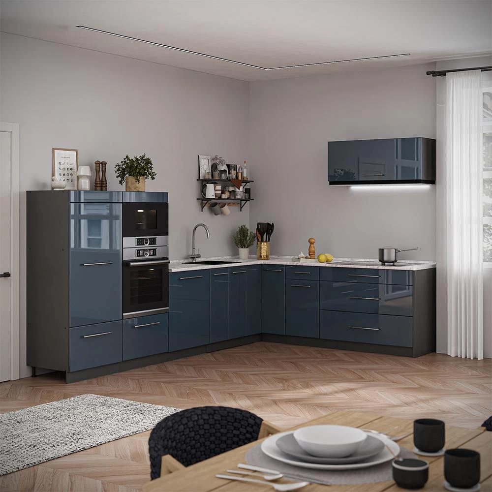 Cucina angolare completa Fame-Line Blu scuro lucido/Antracite 327 x 227 cm senza piano di lavoro Vicco