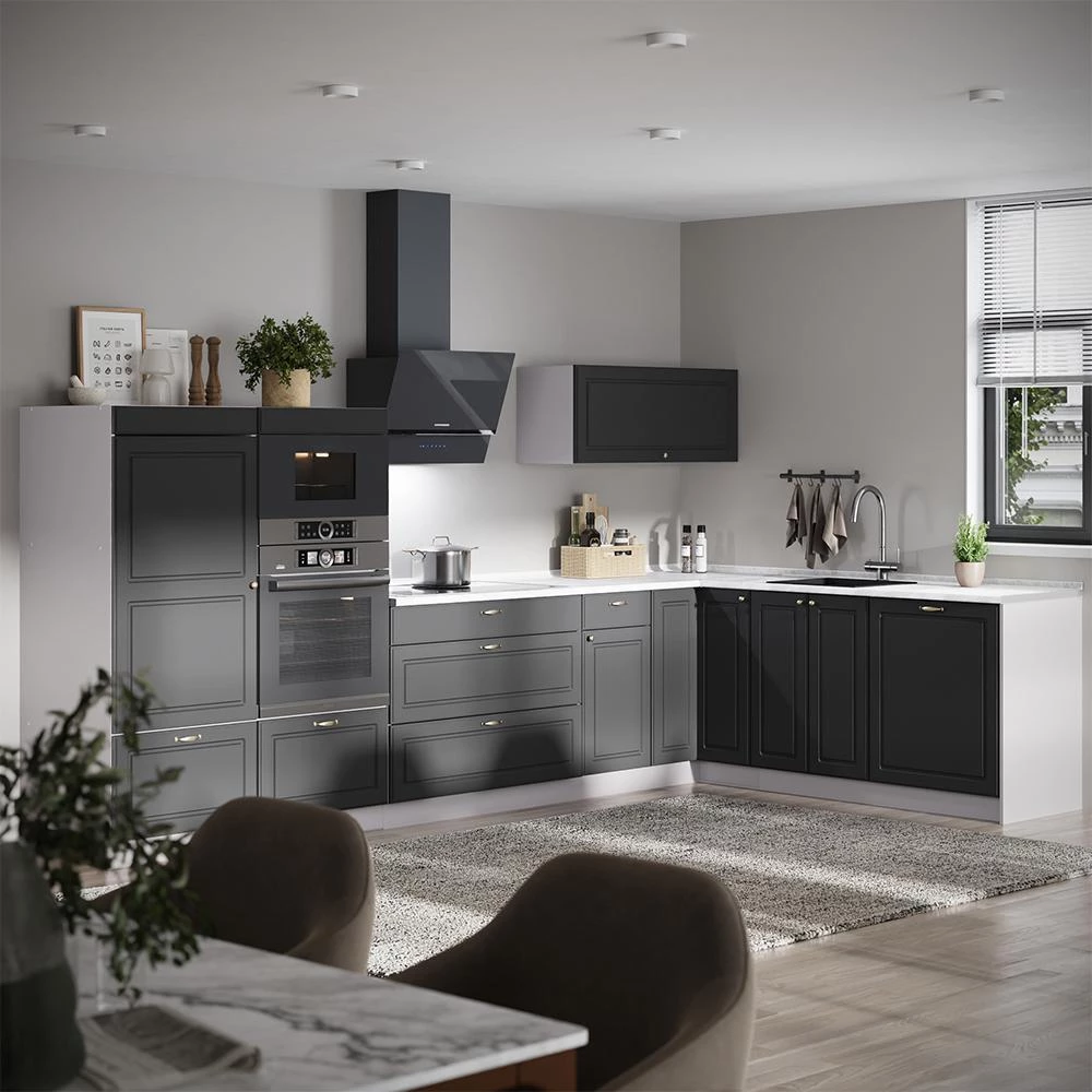 Cucina angolare completa Fame-Line Oro-antracite country/Bianco 347 x 207 cm piano di lavoro Rovere dorato Vicco