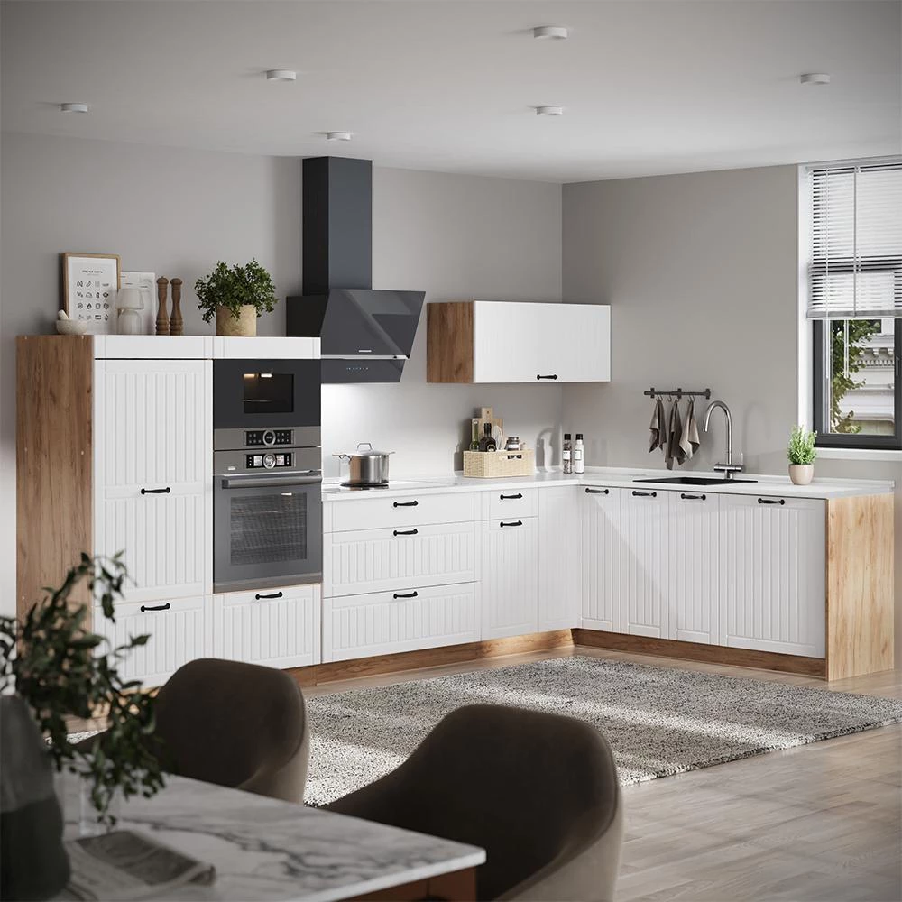 Cucina angolare completa Fame-Line Bianco country/Rovere dorato 347 x 207 cm piano di lavoro Antracite Vicco