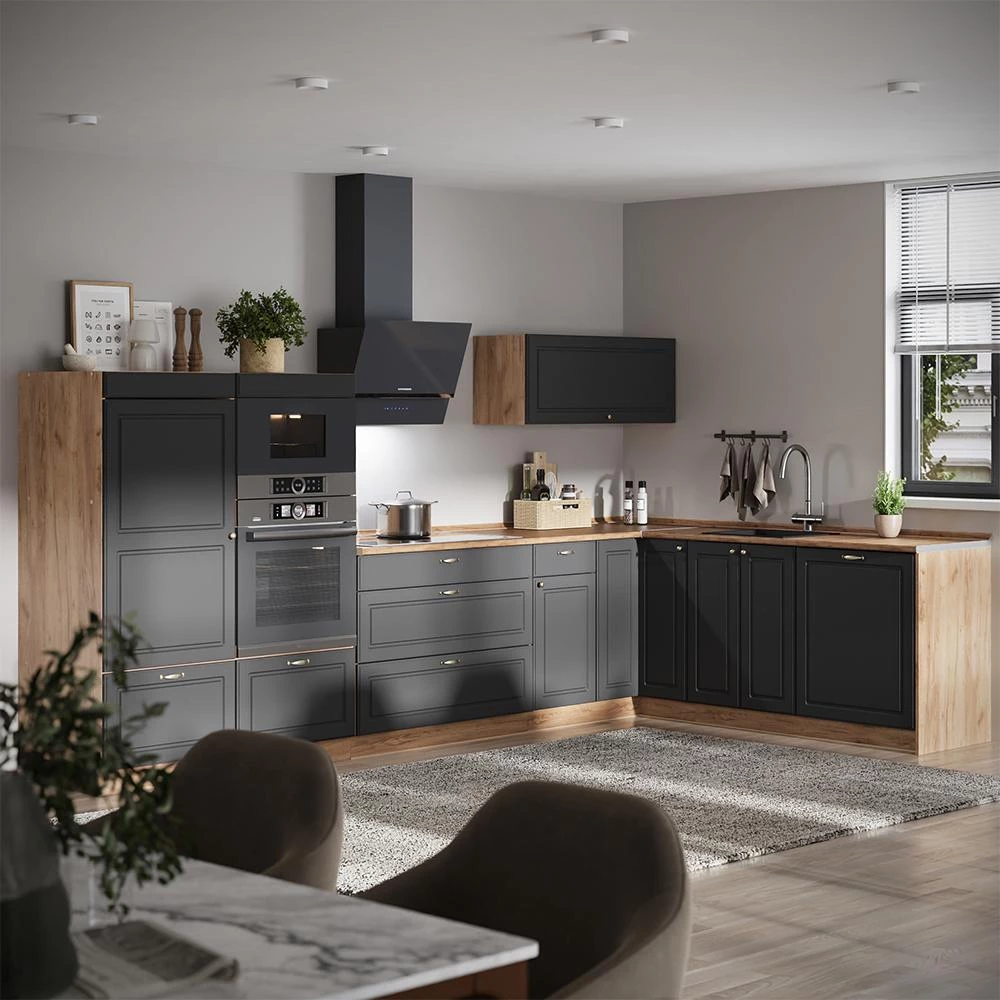 Cucina angolare completa Fame-Line Oro-antracite country/Rovere dorato 347 x 207 cm piano di lavoro Marmo Vicco