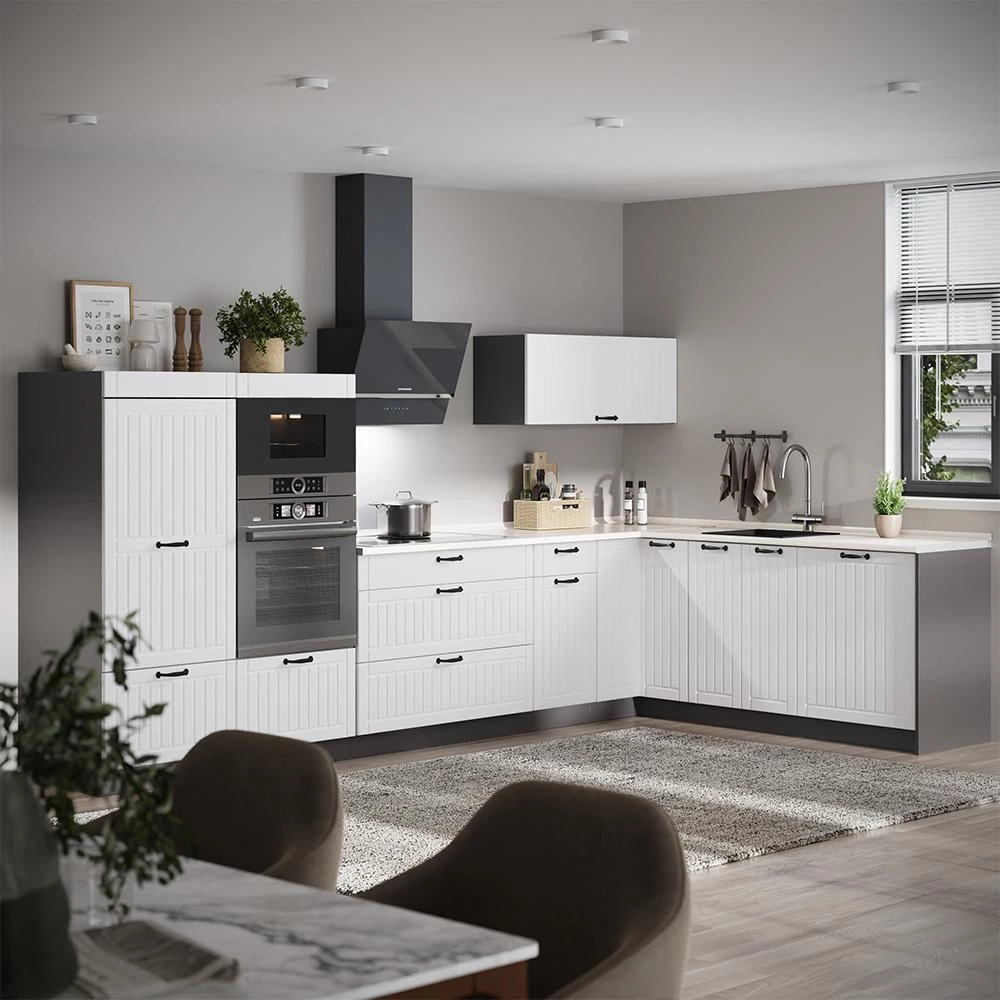 Cucina angolare completa Fame-Line Bianco country/Antracite 347 x 207 cm piano di lavoro Marmo Vicco