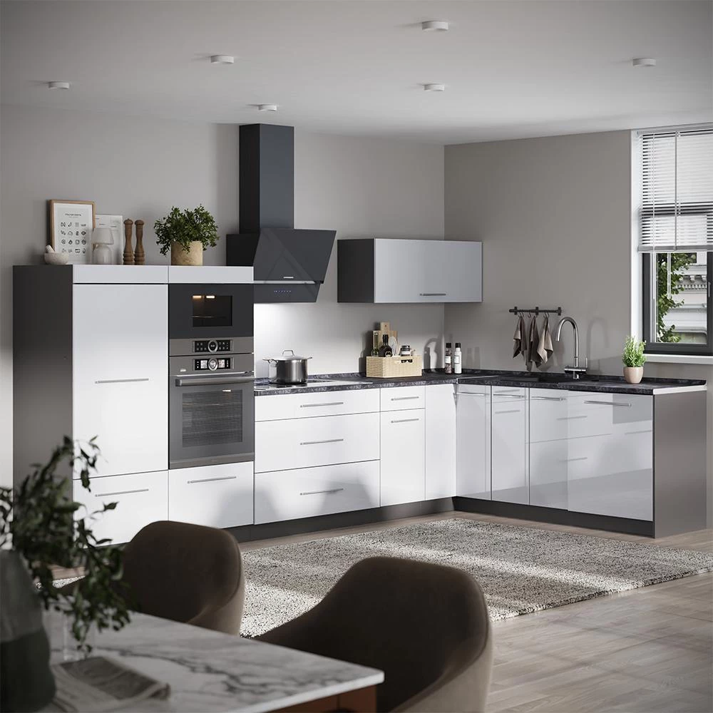 Cuisine en angle Fame-Line Blanc Haute brillance/Anthracite 347 x 207 cm, PT Marbre Vicco