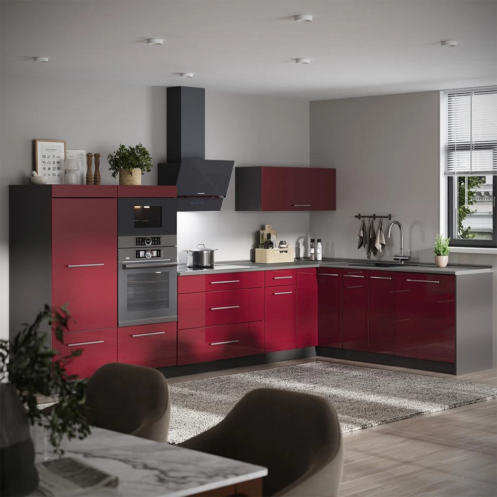 Cuisine en angle Fame-Line Rouge bordeaux Haute brillance/Anthracite 347 x 207 cm, PT Marbre Vicco