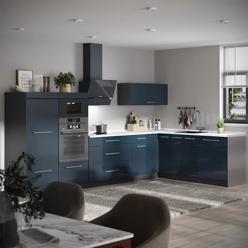 Cuisine en angle Fame-Line Bleu foncé brillant/Anthracite 347 x 207 cm sans PT Vicco
