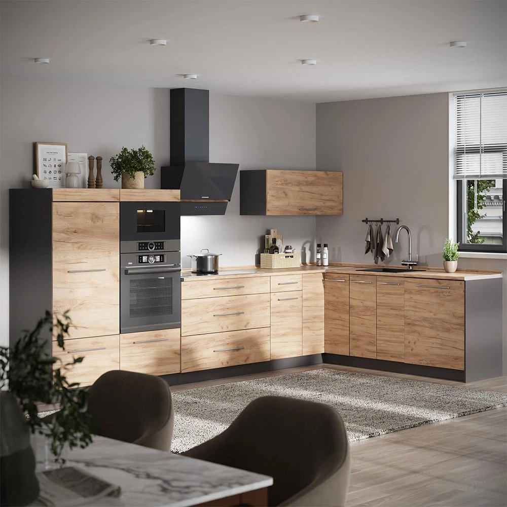 Cuisine en angle Fame-Line Chêne de force doré/Anthracite 347 x 207 cm, PT Chêne Vicco