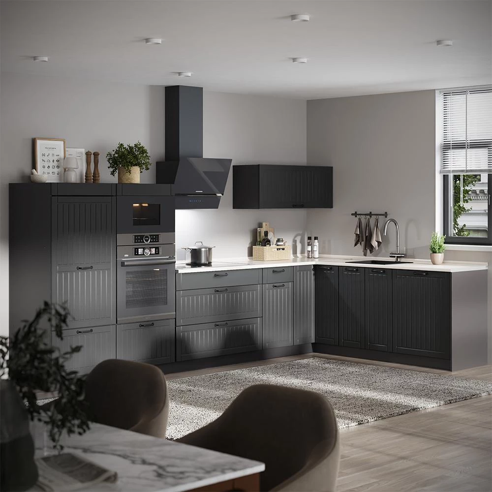 Cucina angolare completa Fame-Line Grigio scuro/Antracite 347 x 207 cm piano di lavoro Marmo Vicco