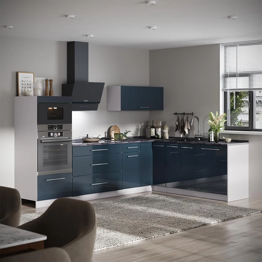 Cuisine en angle Fame-Line Bleu foncé brillant/Blanc 287 x 207 cm, PT Marbre Vicco