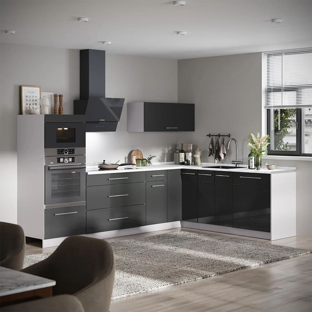 Cucina angolare completa Fame-Line Antracite lucido/Bianco 287 x 207 cm piano di lavoro Antracite Vicco