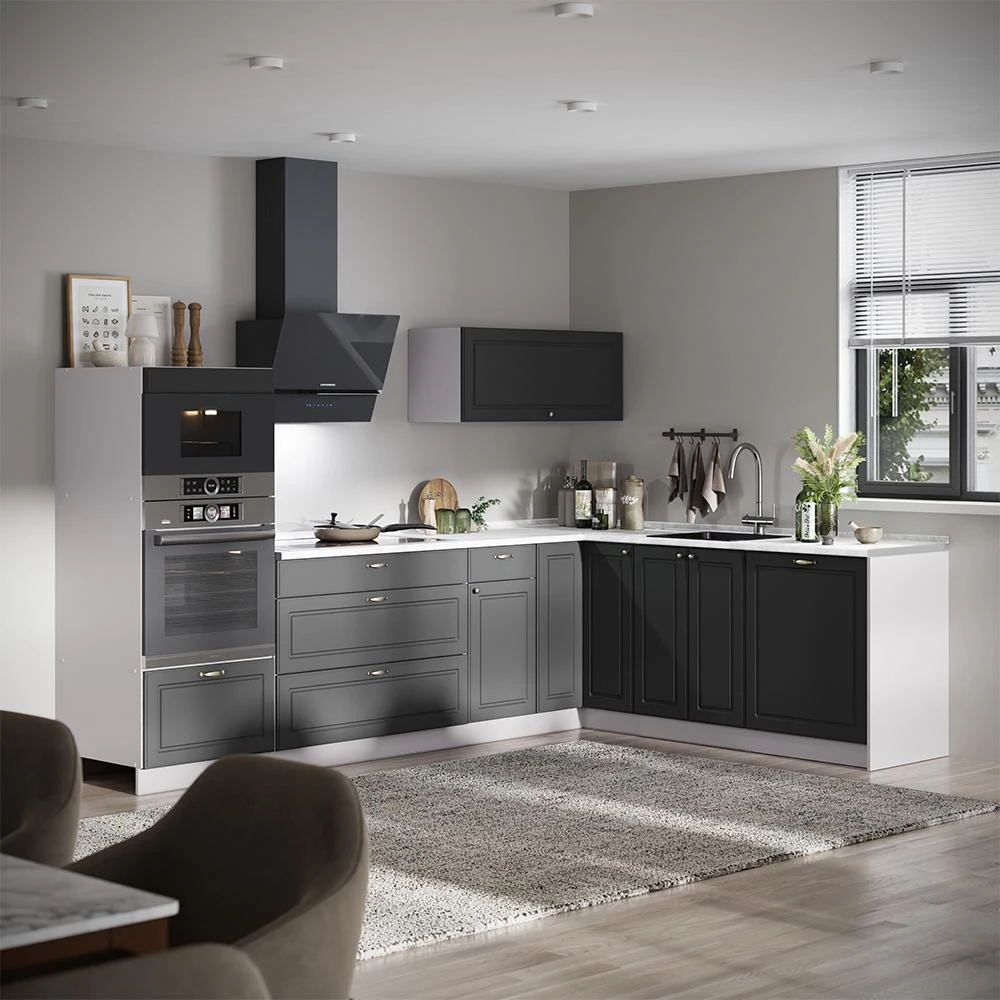 Cucina angolare completa Fame-Line Oro-antracite country/Bianco 287 x 207 cm piano di lavoro Rovere dorato Vicco