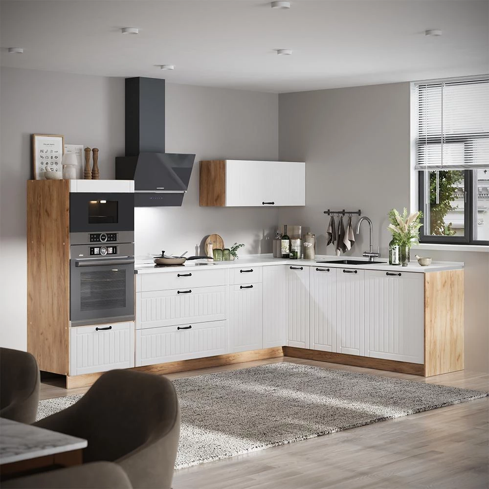 Cucina angolare completa Fame-Line Bianco country/Rovere dorato 287 x 207 cm senza piano di lavoro Vicco