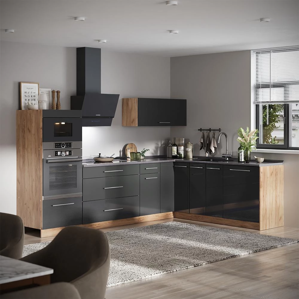 Cucina angolare completa Fame-Line Antracite lucido/Rovere dorato 287 x 207 cm piano di lavoro Marmo Vicco