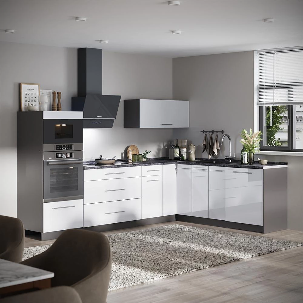 Cucina angolare completa Fame-Line Bianco lucido/Antracite 287 x 207 cm piano di lavoro Marmo Vicco