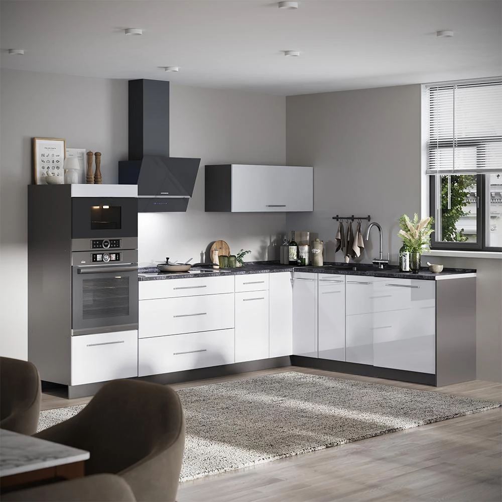 Cucina angolare completa Fame-Line Bianco lucido/Antracite 287 x 207 cm piano di lavoro Rovere dorato Vicco