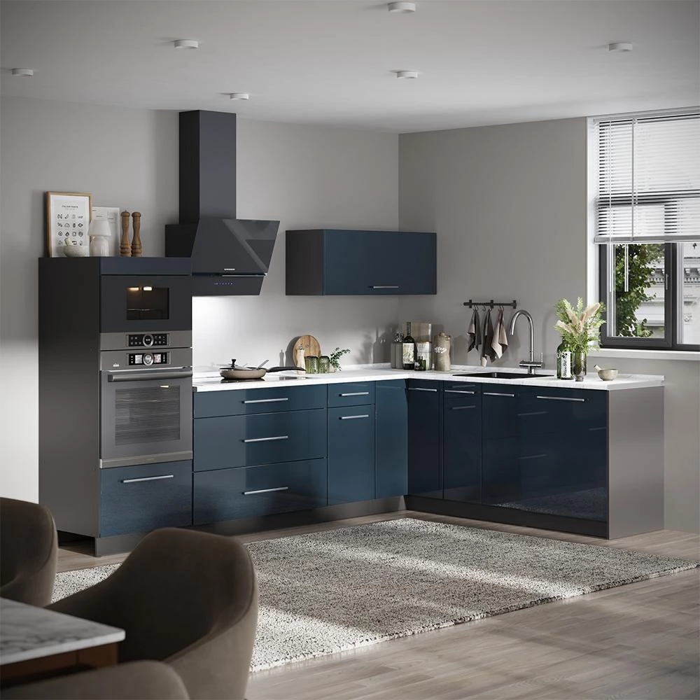 Cuisine en angle Fame-Line Bleu foncé brillant/Anthracite 287 x 207 cm sans PT Vicco