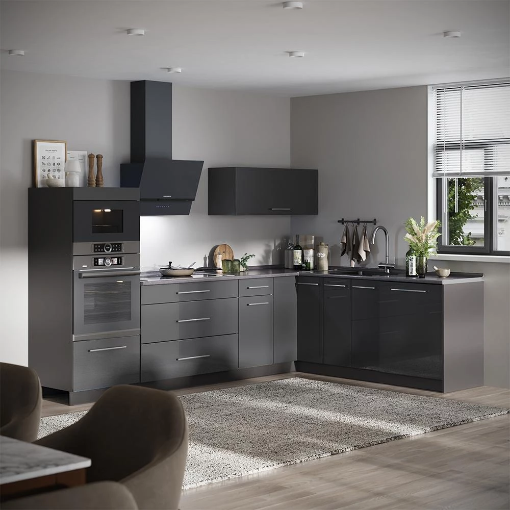 Cucina angolare completa Fame-Line Antracite lucido/Antracite 287 x 207 cm piano di lavoro Rovere dorato Vicco
