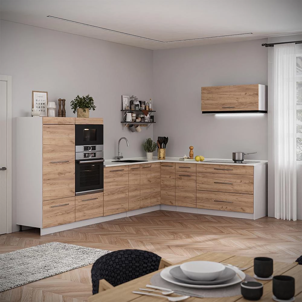 Cucina angolare completa Fame-Line Rovere dorato/Bianco 327 x 227 cm piano di lavoro Marmo Vicco